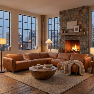 Cozy living room with brown leather sectional, wooden coffee table, and stone fireplace.