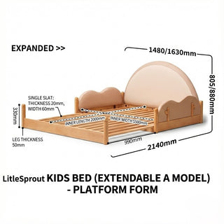 Diagram of a LittleSprout kids bed with dimensions and features on a white background