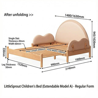 Dimensions of a LittleSprout children's bed with annotations on a white background