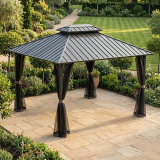 Garden gazebo with a metal roof in a landscaped garden setting