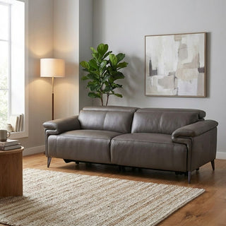 Gray leather sofa in a living room with a plant, lamp, and abstract painting.