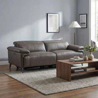 Gray leather sofa in a living room with a wooden coffee table and decor items.