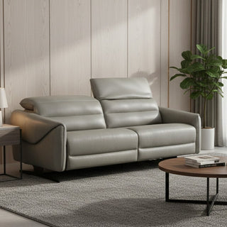 Gray leather sofa in a modern living room setting with a plant and side table.