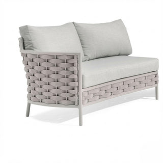 Gray wicker outdoor sofa with cushions on a white background