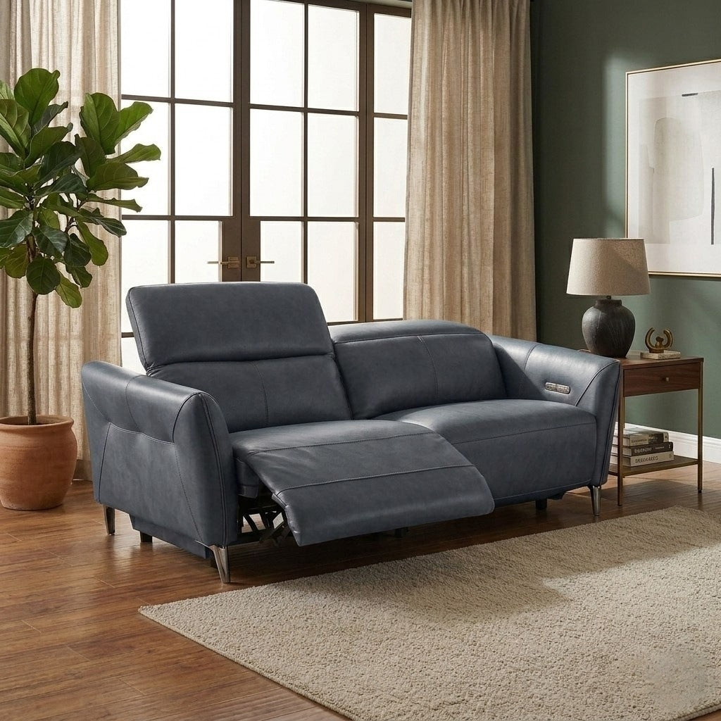 Grey leather recliner sofa in a living room setting with a plant and side table.