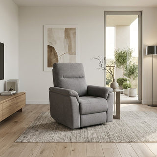 Grey recliner armchair in a modern living room with wooden floor and neutral decor.
