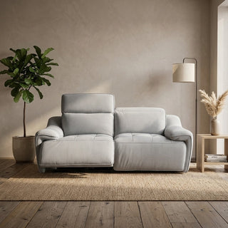 Grey recliner sofa in a living room with a plant and lamp