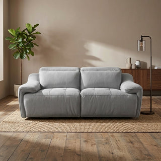 Grey recliner sofa in a room with a plant and wooden floor