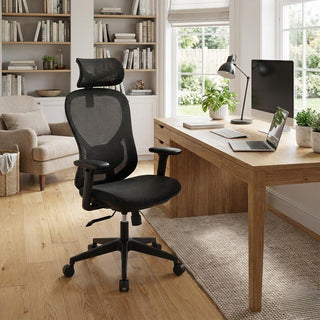 Home office with a desk, chair, and computer setup.