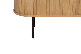 Wooden tv console with a black leg on a white background