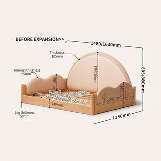 Measurement chart of a wooden product with dimensions labeled