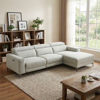 Light gray sectional sofa in a living room with a bookshelf, plants, and a wooden coffee table.