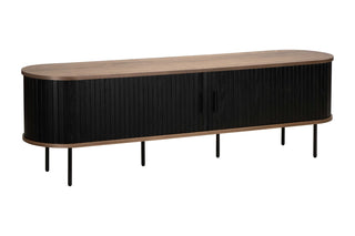 Long black and wood sideboard on a white background