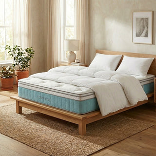 Mattress on a wooden bed frame in a bedroom setting with plants and decor.