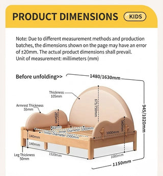 Measurement chart for a children's bed with dimensions labeled