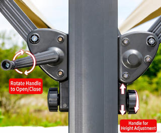 Metal gate with handle mechanism and instructions on how to open, close, and adjust height.
