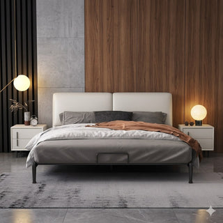 Modern bedroom with a king size bed frame, nightstands, and wall lights.