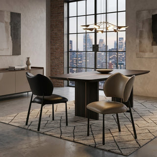 Modern dining room with a large window view, wooden table, and two dining chairs.