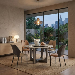 Modern dining room with a table and chairs near large windows with a cityscape view.