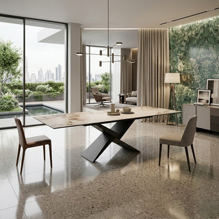 Modern extendable ceramic dining table featuring a cityscape view through large windows.