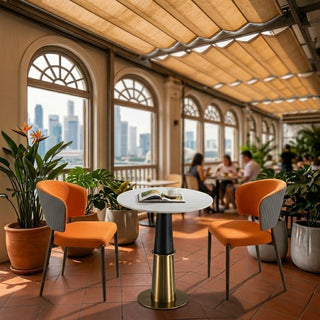 Modern indoor setting with a premium resto table and city skyline view.