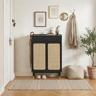 Modern interior with a black rattan shoe cabinet, rug, and plant