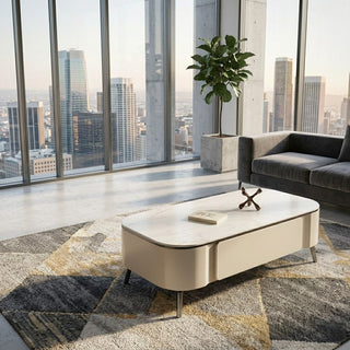 Modern living room with a Minimalist Coffee Table, sofa, and cityscape view.