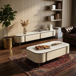 Modern living room with a coffee table, shelves, and a sofa.