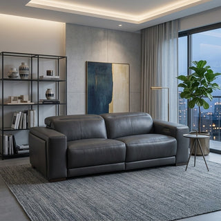 Modern living room with a grey leather sofa, bookshelf, and large window.