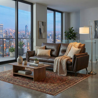 Modern living room with a large window view of a city skyline, featuring a brown leather sofa and wooden coffee table.