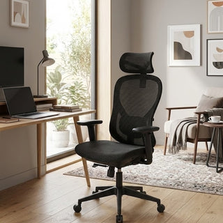 Modern office chair in a home office setting with a desk and decor.