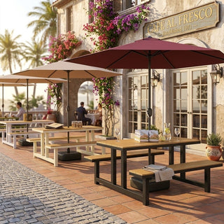 Outdoor dining area with tables, benches, and umbrellas parasol