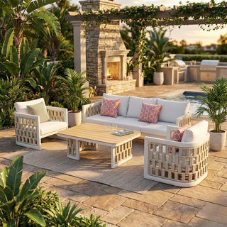 Outdoor patio set with furniture and plants in a garden setting