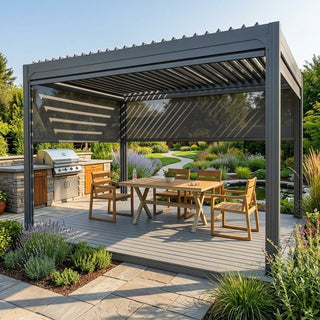 Outdoor patio with cabana, table, chairs, and barbecue grill in a garden setting.