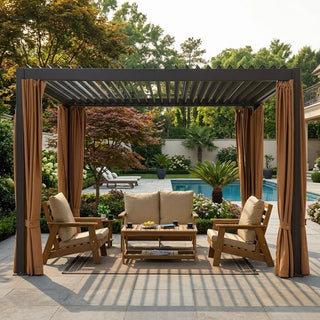Outdoor patio with pergola, furniture, and pool in the background
