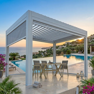 Patio with cabana, dining table, and chairs overlooking a pool and scenic view.