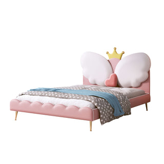 Pink children's bed with butterfly design and crown on a white background