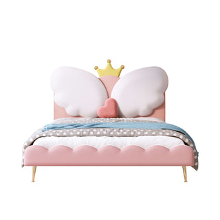 Pink children's bed with cloud headboard and crown on a white background