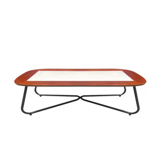 Rectangular coffee table with a wooden top and metal legs on a white background