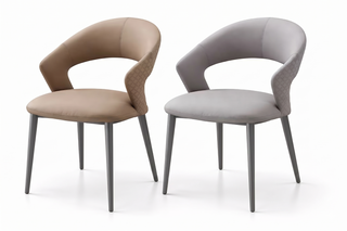 Two modern chairs, one beige and one gray, on a white background