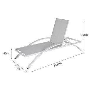 White lounge chair with dimensions labeled