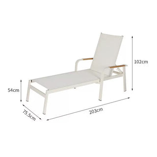White lounge chair with dimensions labeled on a white background