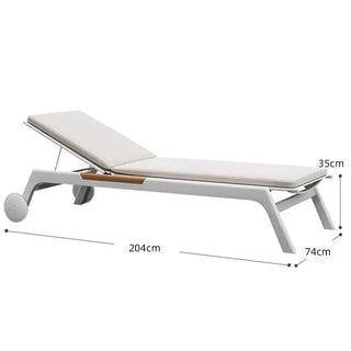 White sun lounger with dimensions labeled on a white background