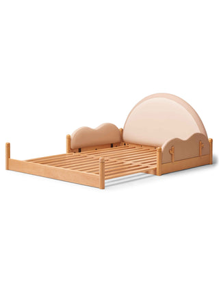 Wooden bed with curved headboard on a white background