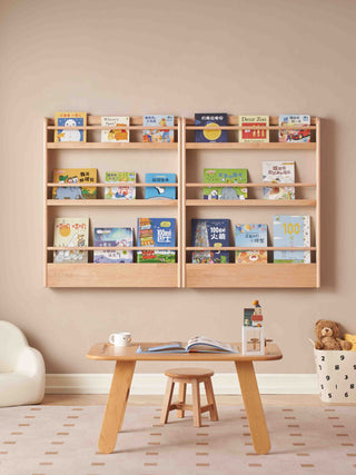 Wooden bookshelf with books and a table in a room setting