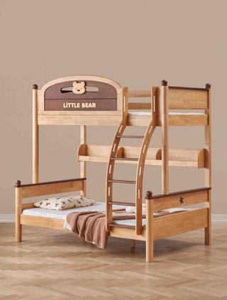 Wooden bunk bed with 'Little Bear' branding on a beige background