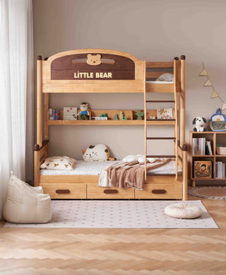 Wooden bunk bed with 'Little Bear' branding in a child's room.