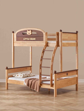 Wooden bunk bed with 'Little Bear' branding on a beige background