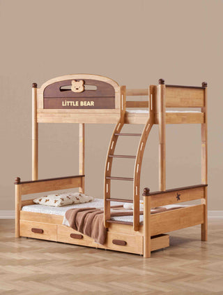 Wooden bunk bed with 'Little Bear' design on a beige background