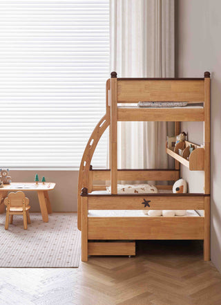 Wooden bunk bed with desk in a room with a window and table.